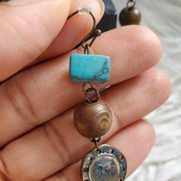 Lightweight Aztec Bohemian Stone Wood Metal Dangle Earrings - Picture 5 of 5